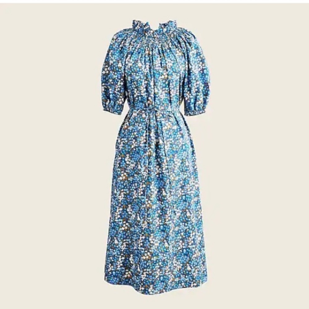 J Crew Liberty of London Smocked neck puff-sleeve dress in Sea Blossoms
